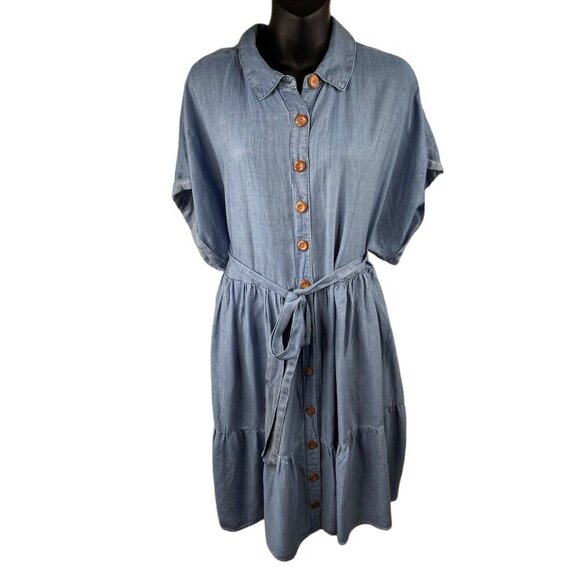 Summer Torrid Chambray Short Sleeve Button Up Tiered Shirt Dress Women’s 1X Tie - Picture 1 of 13